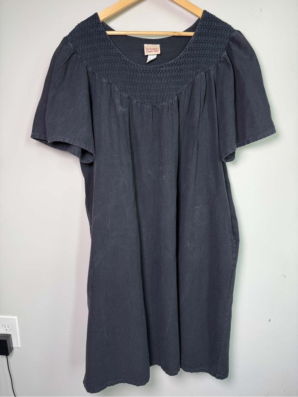 Vermont Country Store Charcoal Smocked Yoke Dress Cottagecore Whimsical 1X